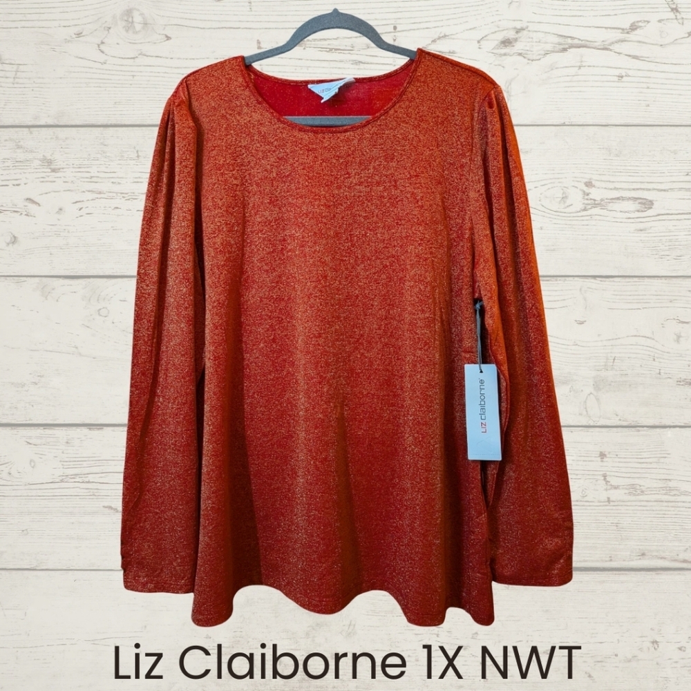 Liz Claiborne 1X Metallic Caberet Red And Gold Long Sleeve Blouse NWT